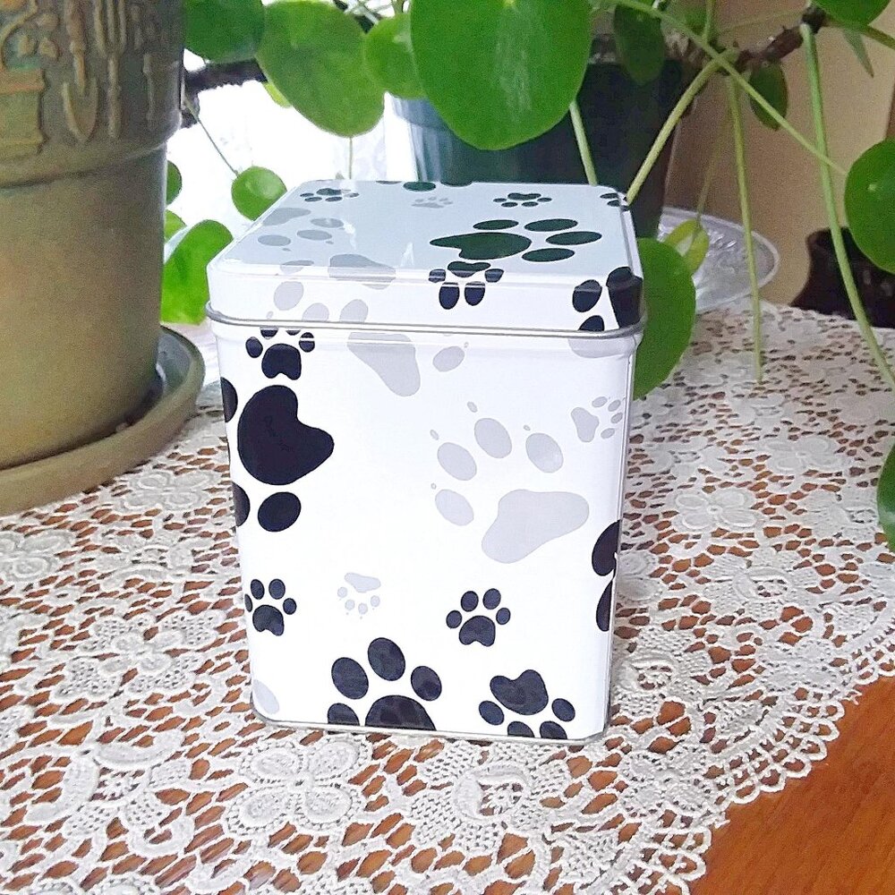 White Paw Print Tin with Lid, Pet Treat Can, Paw Decor